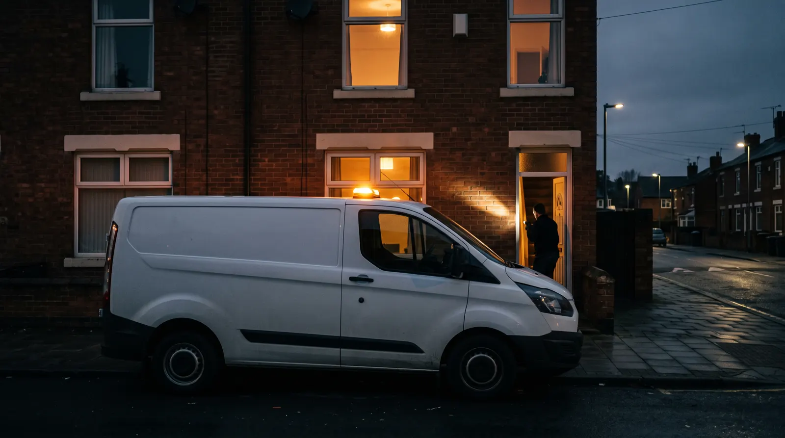 Electrician's van with amber beacon outside a house at dusk