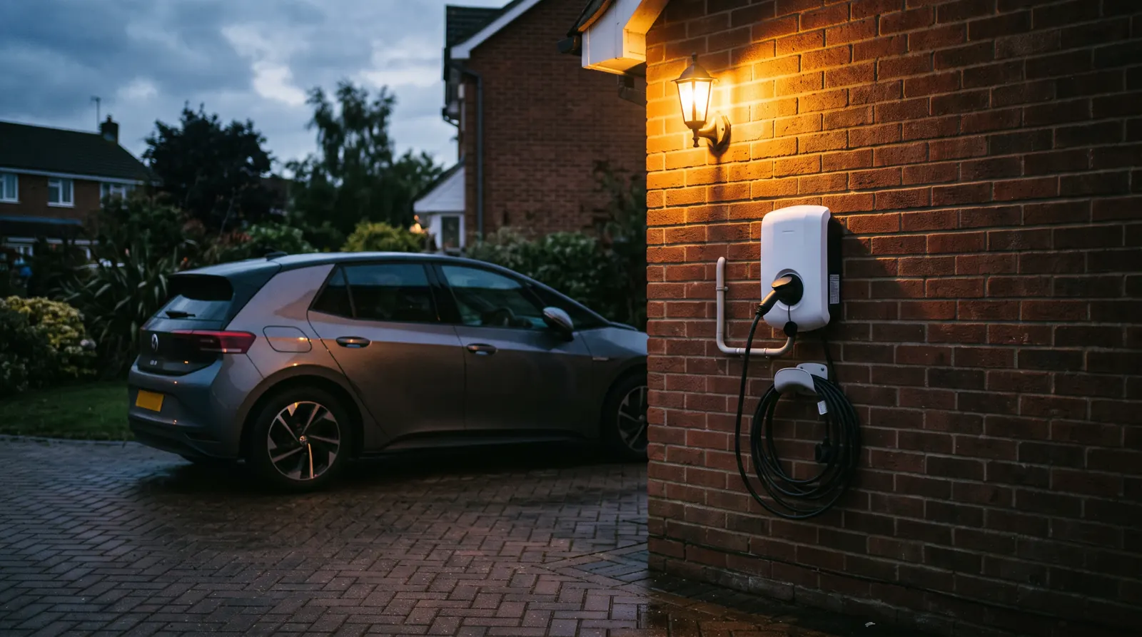 Wall-mounted EV chargepoint fitted to the outside of a brick house